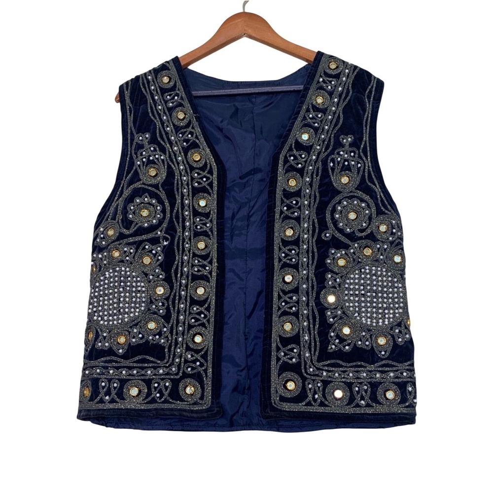Vintage Shisha Mirror Velvet Embroidered Vest Navy Blue Bohemian Women’s Size S